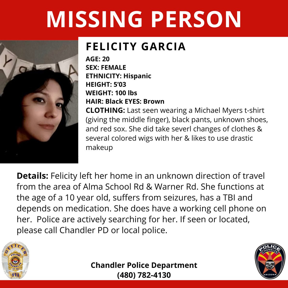 ChandlerPolice's tweet image. #ChandlerPD is currently searching for 20-year-old Felicity Garcia.. If seen or located, contact the police. A silver alert activation is in progress. #MissingAndEndangered #ChandlerAz #Arizona #SeeSomethingSaySomething
#GilbertAZ #MesaAZ #Community
