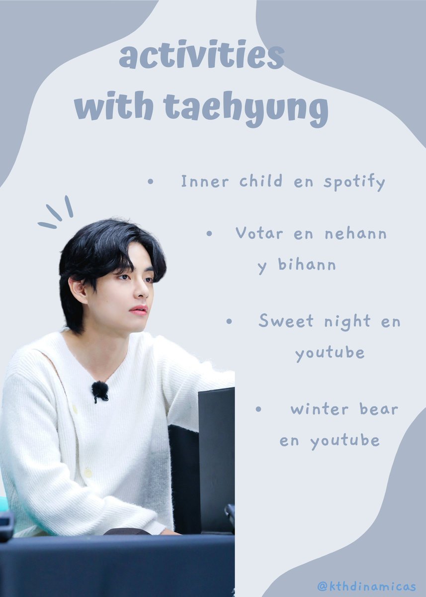 kthdinamicas's tweet photo. ACTIVITIES WITH TAEHYUNG

hola! les traigo una dinámica, pueden hacerlo cuando quieran, no hay fecha limite (indicaciones abajo ⬇️)

방탄소년단 뷔 #방탄소년단뷔 #뷔 #BTSV #V https://t.co/O5h9dzra2A