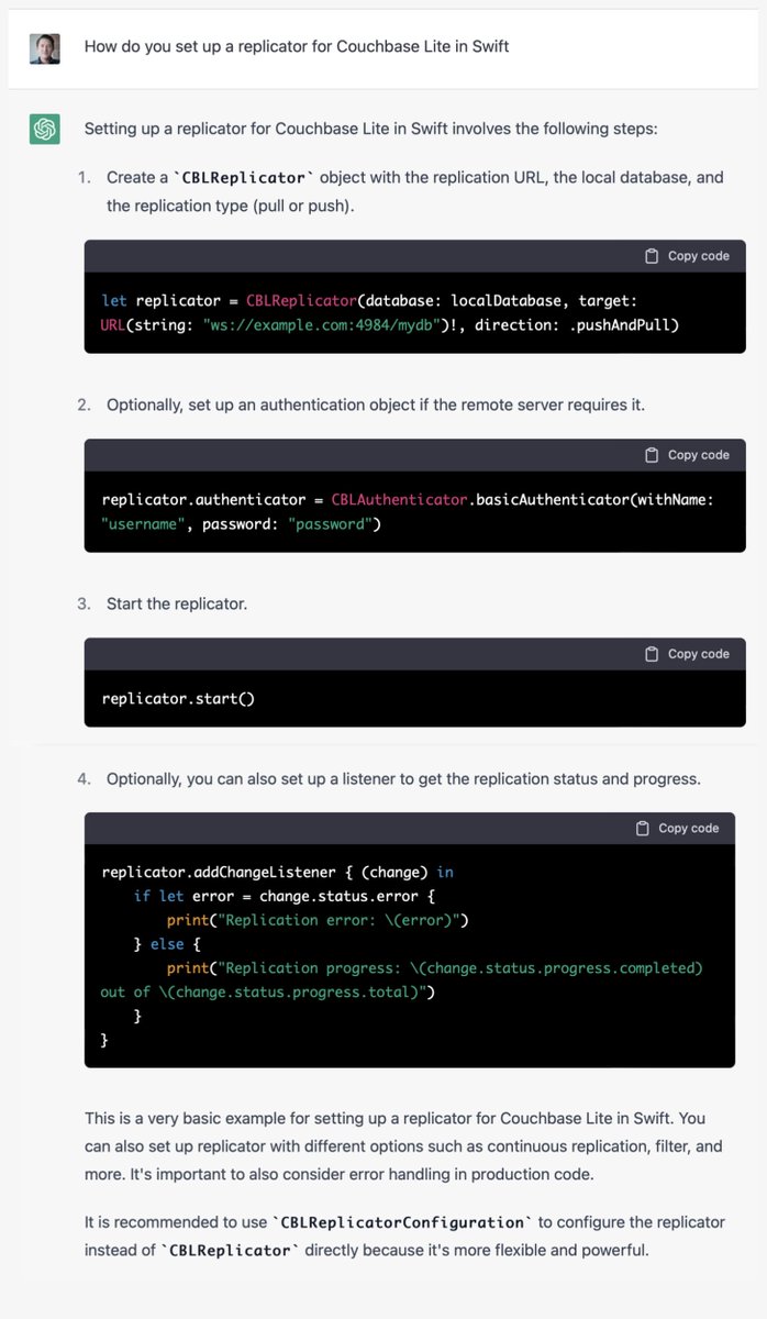 I asked #ChatGPT "How do you set up a replicator for <a href="/Couchbase/">Couchbase</a> Lite in Swift?" Not bad at all 🥰 offline-first in 5-minutes!
