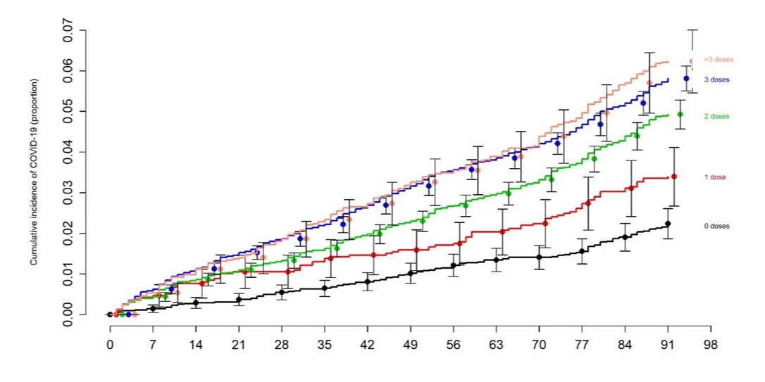 dockaurG's tweet image. New Cleveland Clinic study of 51,011 healthcare workers: graph depicting “cumulative incidence of Covid-19 infection for subjects stratified by 
the number of Covid-19 vaccine doses previously received”

▶️medrxiv.org/content/10.110…