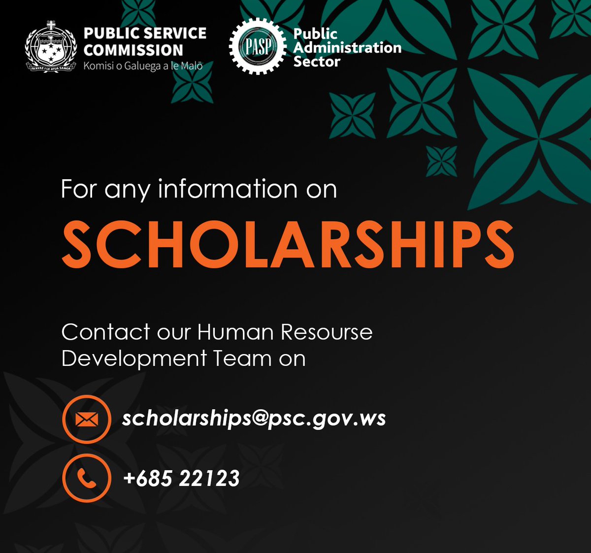 samoapsc's tweet photo. Important Notice❗️

For any information or matters regarding Scholarships, contact our Human Resource Development Team on email scholarships@psc.gov.ws or telephone +685 22123 https://t.co/UizmN53QzG