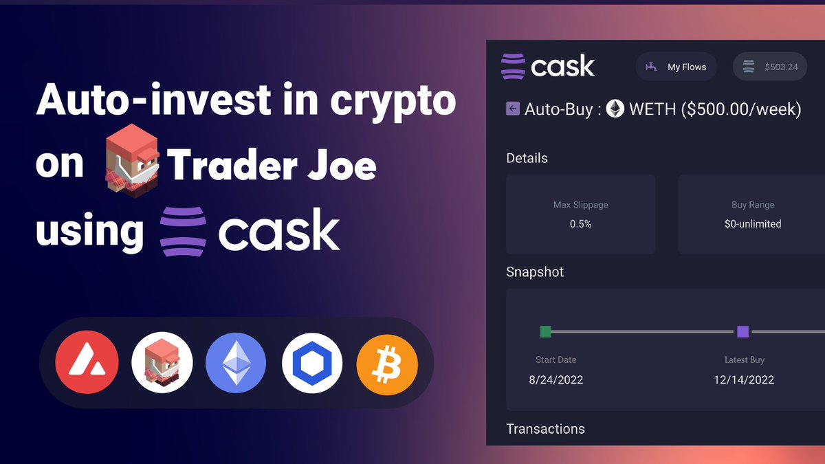 caskprotocol's tweet photo. Did you know that all of the tokens available for DCA on #Avalanche 🔺 get swapped on @traderjoe_xyz? 

Turn your stablecoins into AVAX, JOE, ETH, BTC, or LINK on a daily, weekly, or monthly basis. 🪄 https://t.co/41HheZ5UGI