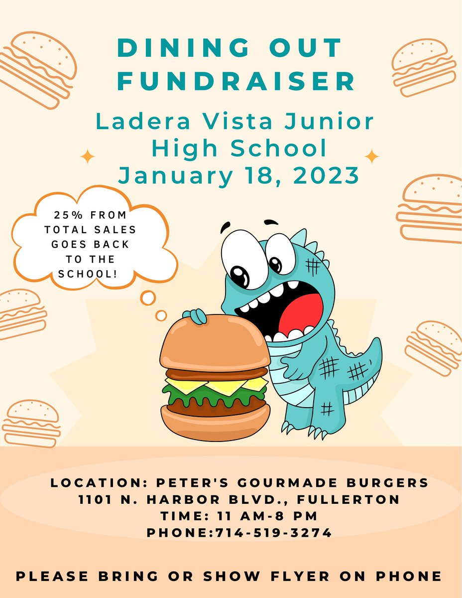 LaderaVistaJH's tweet photo. Dine our to support our LVA PTSA at Peter’s Gourmet Burgers this Wednesday, Jan 18! #LVARTS #FSDLearns #PTSA https://t.co/XyZpEQqTsK