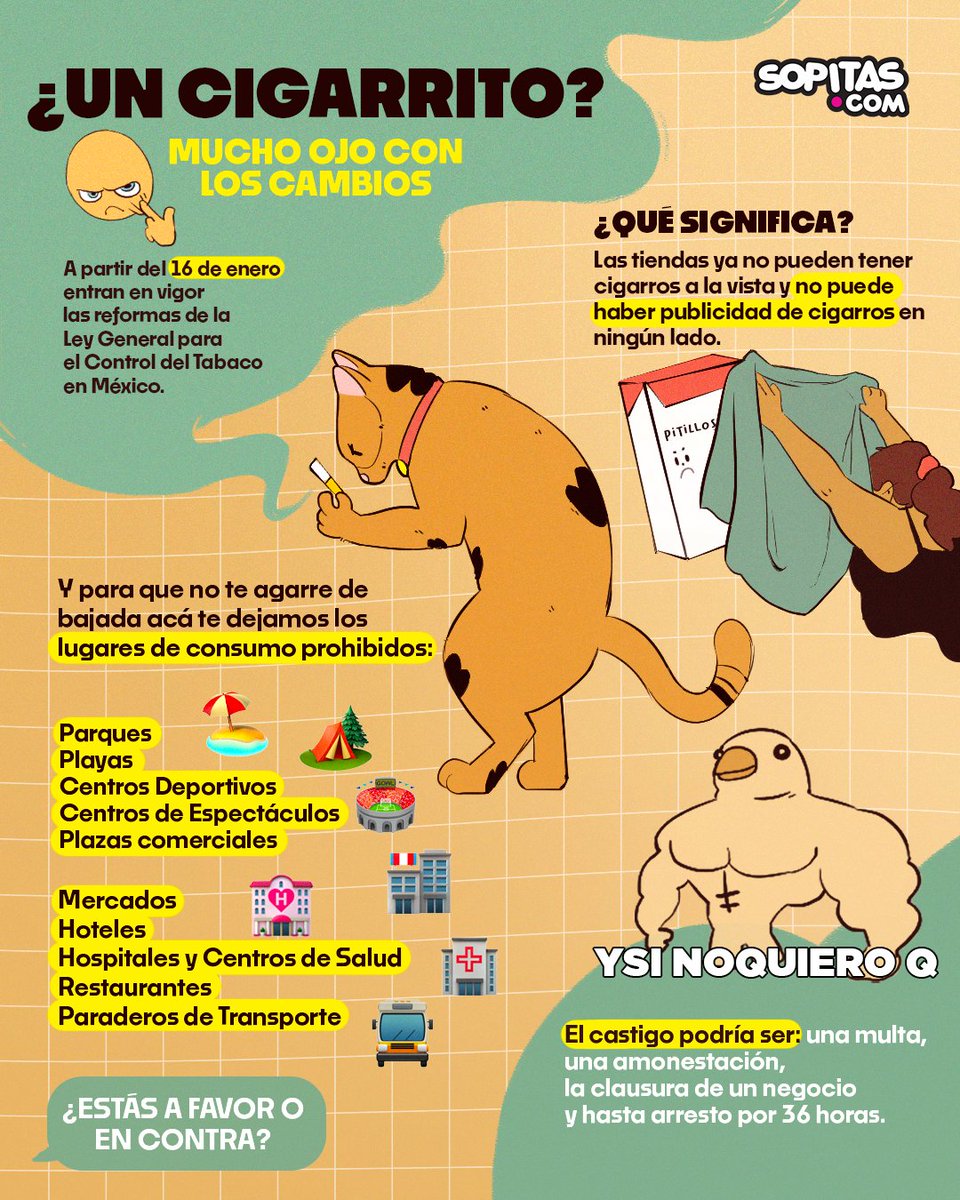 sopitas's tweet photo. ¡Abusados! Si les gusta fumar tabaco, aquí les tengo información que cura. Ojo, esta nueva ley aplica desde este lunes 16 de enero, no se les vaya a pasar. 👀🚭 https://t.co/OkMaBsQk5n