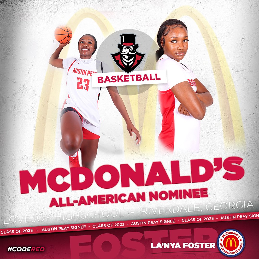 Austin Peay Women's Basketball (@govswbb) on Twitter photo Congratulations to future Gov <a href="/tharealnyaaa/">La’Nya Foster</a> on being named a McDonald’s All-American nominee!🎩🏀
#CodeRed | #LetsGoPeay Congratulations to future Gov <a href="/tharealnyaaa/">La’Nya Foster</a> on being named a McDonald’s All-American nominee!🎩🏀
#CodeRed | #LetsGoPeay