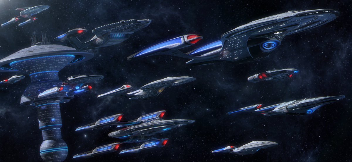 Starbase400's tweet photo. As promised, https://t.co/s9S0Xhohek's newest render. Starships Tyr, Falcon, Luna, Essex, Lexington, Visionary, Endeavour, Ark Royal, Yorktown, and Pegasus depart Starbase 400 on an important mission. https://t.co/eC2MoRkNPA