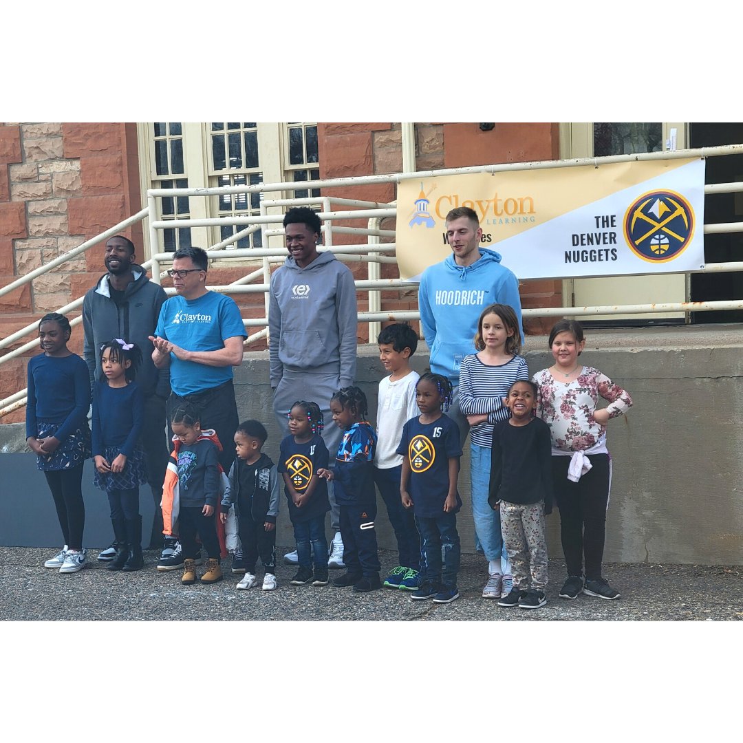 ClaytonLearning's tweet photo. Today our partners @KSE_Charities and @nuggets joined us to honor Dr. King’s legacy with a $10K donation to help families at the Clayton Cares Market. Thanks to Davon Reed, Peyton Watson, and Jack White, for helping out! #MLKDayOn #MileHighBasketball #KroenkeSportsCharities https://t.co/WAcSbRIiyF