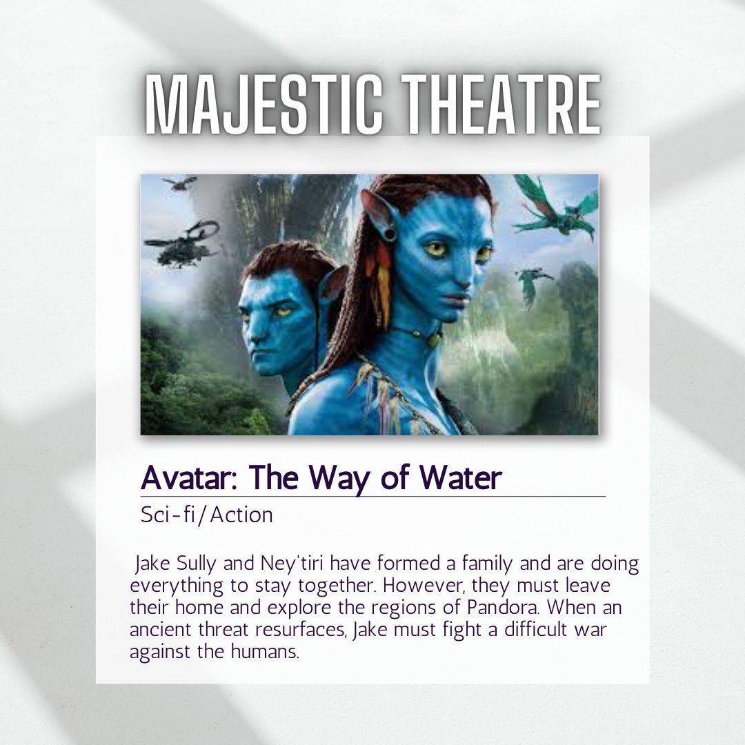 WSCSAB's tweet photo. Avatar: The Way of Water has made its way to the Majestic Theatre! It will be shown in 3D from January 19th to January 22nd, then January 26th/27th and January 28th at 2PM. It will return to 2D for Saturday, January 28th at 7pm and Sunday, January 29th at 2PM. https://t.co/nsMJAqWlro