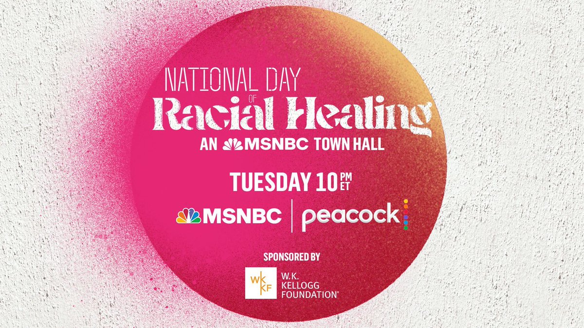 MSNBC Public Relations (@msnbcpr) on Twitter photo COMING UP: @JoyAnnReid hosts <a href="/thereidout/">The ReidOut</a> at 7pmET live from <a href="/studiobenola/">StudioBEnola</a> in NOLA, ahead of tomorrow’s “National Day of Racial Healing: An MSNBC Town Hall,” sponsored by <a href="/WK_Kellogg_Fdn/">WKKF</a>.
Watch the town hall tomorrow at 10pmET on <a href="/MSNBC/">MSNBC</a> & live on <a href="/peacock/">Peacock</a>. COMING UP: @JoyAnnReid hosts <a href="/thereidout/">The ReidOut</a> at 7pmET live from <a href="/studiobenola/">StudioBEnola</a> in NOLA, ahead of tomorrow’s “National Day of Racial Healing: An MSNBC Town Hall,” sponsored by <a href="/WK_Kellogg_Fdn/">WKKF</a>.
Watch the town hall tomorrow at 10pmET on <a href="/MSNBC/">MSNBC</a> & live on <a href="/peacock/">Peacock</a>.