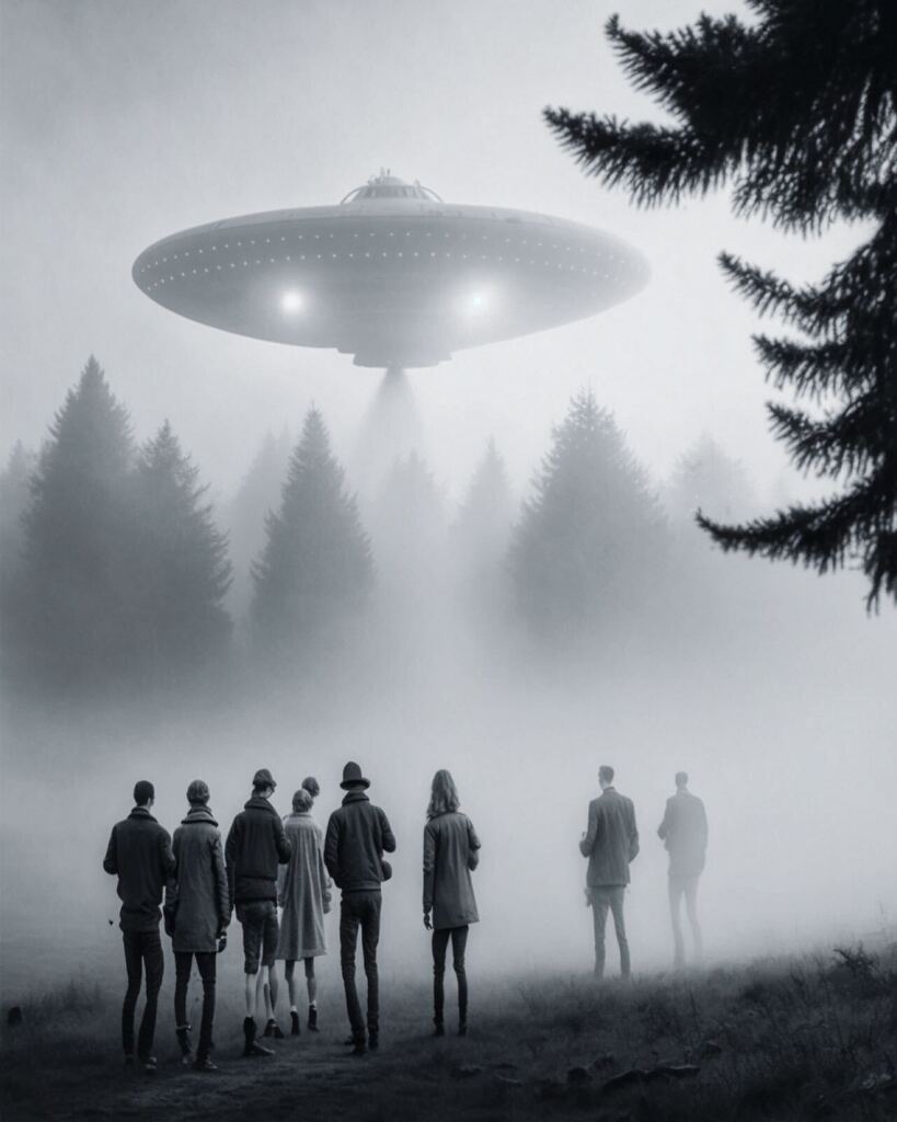 ToySkull's tweet photo. Residents of Millville were left stunned early this morning, as dozens of them reported seeing a mass UFO sighting in the nearby woods. The witnesses described the unidentified flying objects as "saucer-shaped" and hovering above the treeline. The incident has left many wond… https://t.co/ynTaVgXXAp