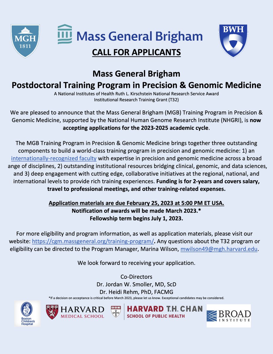 jorsmo's tweet photo. RT away: Applications open now! @MassGenBrigham NHGRI funded T32 Postdoc Fellowship in Precision &amp; Genomic Medicine! 2 years salary support, world-class faculty mentorship. Faculty here: https://t.co/hNvgmIEaZM… Program description: https://t.co/2MLN4f1kpo…
cc:@HeidiRehm   .  . https://t.co/0ZBd2pss4E