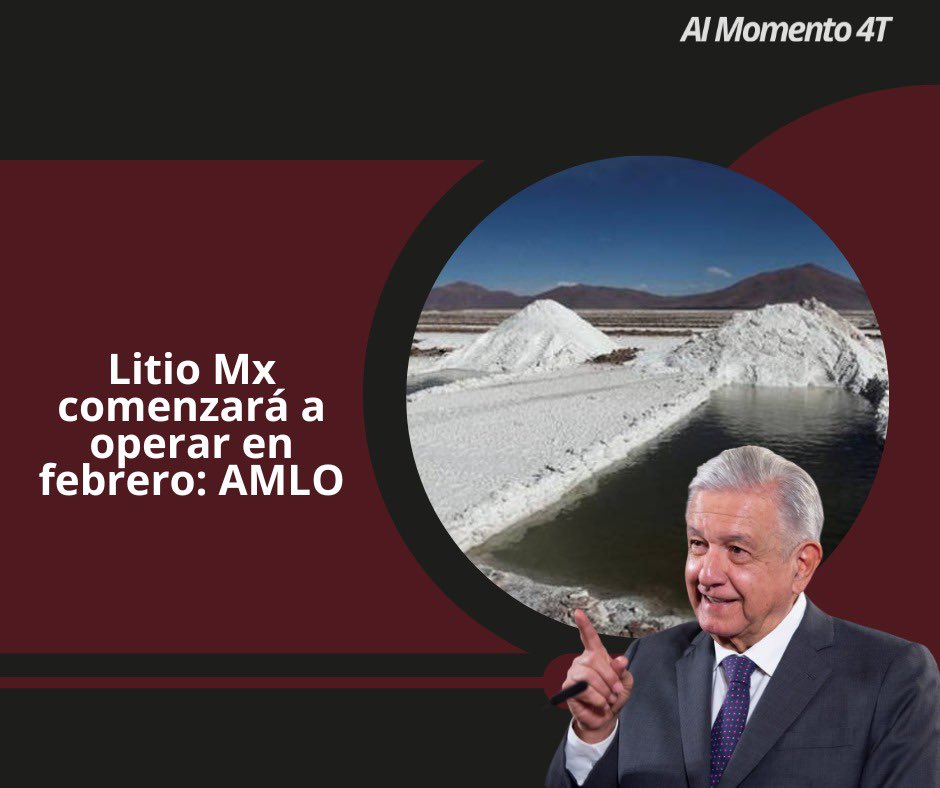 Punto4T's tweet photo. #BuenasNotocias
👉🏼 El presidente Andrés Manuel @lopezobrador_ anunció este lunes que dará las primeras concesiones de litio en su administración a la empresa estatal Litio para México, el próximo 19 de febrero, como parte de su impulso al “Plan Sonora”. https://t.co/owwKxlcmwM