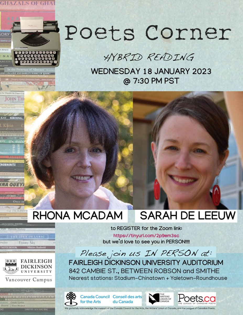 Caitlin Press (@caitlinpress) on Twitter photo This Wednesday! Join poets Sarah de Leeuw (author of Lot) and Rhona McAdam (author of Larder) for Poets Corner Reading Series' first event of the year! It'll be a hybrid event so you can join in person or online.
<a href="/SarahNdeLeeuw/">Sarah de Leeuw</a> This Wednesday! Join poets Sarah de Leeuw (author of Lot) and Rhona McAdam (author of Larder) for Poets Corner Reading Series' first event of the year! It'll be a hybrid event so you can join in person or online.
<a href="/SarahNdeLeeuw/">Sarah de Leeuw</a>