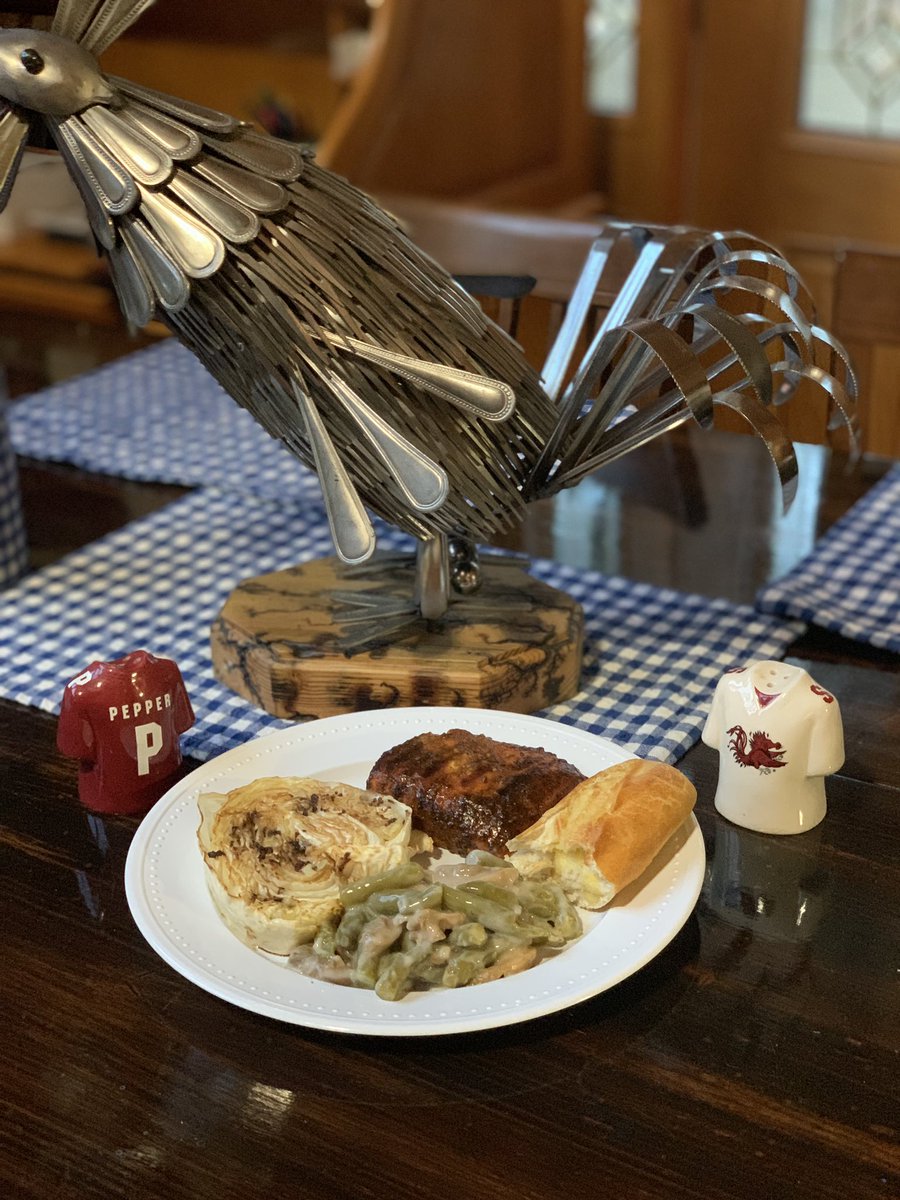 vanclark2001's tweet photo. A little something for @Gamecock_Eats from the @2001sirbigspur Roost! BBQ Salmon, roasted Cabbage steaks with Balsamic glaze and green beans in mushroom sauce!!! Go Cocks!!! #WeHadTimeToCook #RecTec #SmokingGunsHot #ButchersBBQ #Gamecocks https://t.co/LGgRxJYMVR