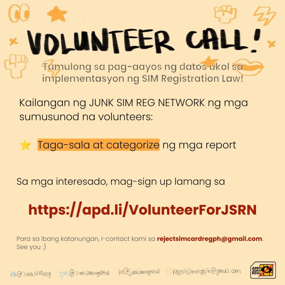 JunkSIMregNOW's tweet photo. VOLUNTEER CALL ‼️📞
Madaming reports ang aming natatanggap dahil #SIMRegistrationBulok! Baka naman pwede kang makatulong 🥹 Sign up na, kapatid! 🫶
https://t.co/cUy2Cw0TE5
https://t.co/cUy2Cw0TE5
https://t.co/cUy2Cw0TE5 https://t.co/u1hb5n34yb