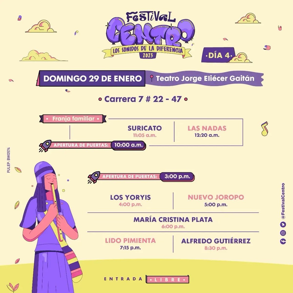 Llega la edición XIV del <a href="/FestivalCentro/">FestivalCentro</a> del 26 al 29 de enero, el Festival que inaugura los encuentros musicales en la capital. ¡Prográmese! hay para todos los gustos, más de 20 artistas en cinco escenarios. #FestivalCentro2023 #bogota #SonidosdelaDiferencia 🎶🎶 😎
