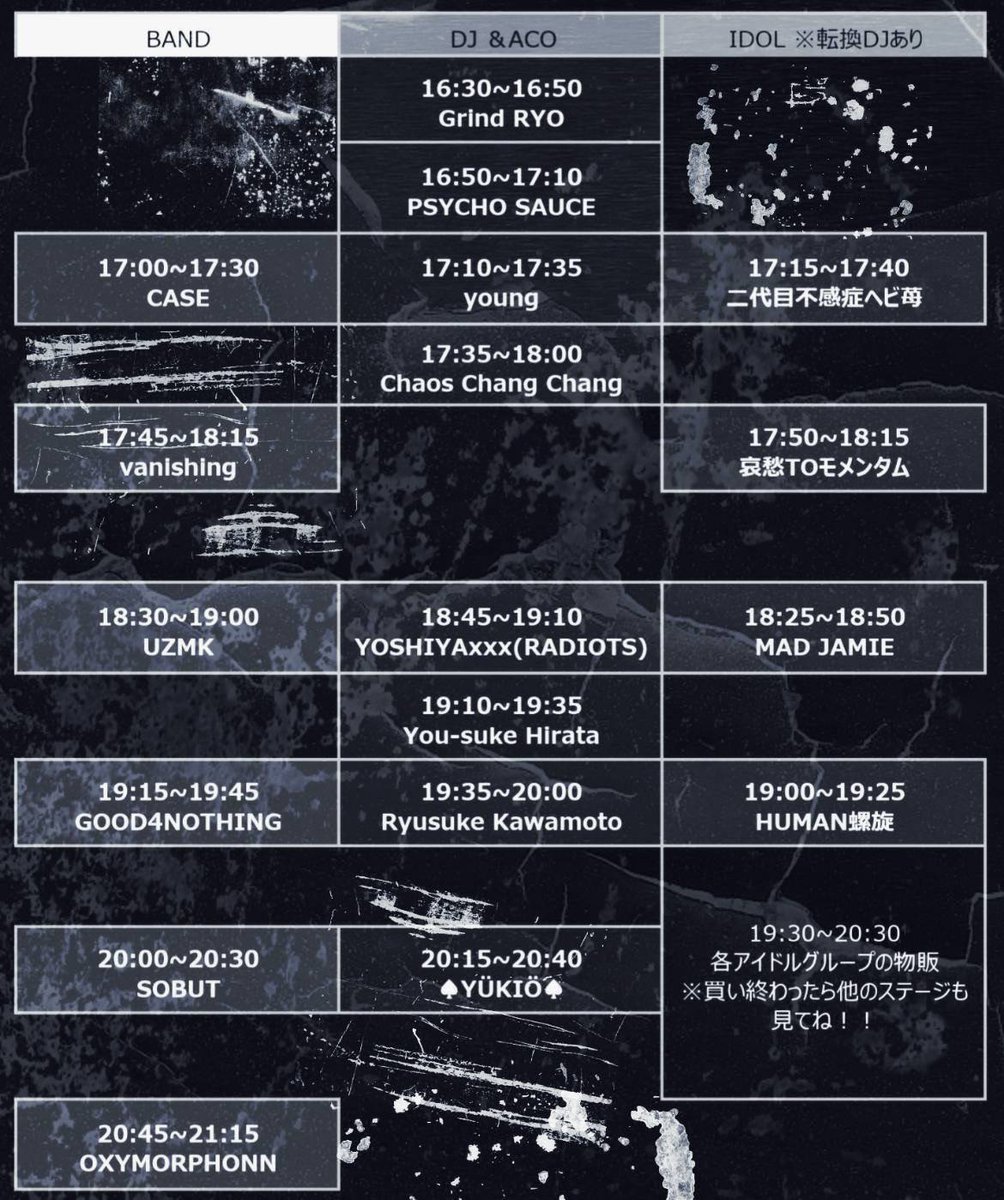 shit_in_case's tweet photo. 2023年1月20日 (金)
渋谷club asia 

act/
・OXYMORPHONN
・GOOD4NOTHING
・UZMK
・SOBUT
・vanishing
・CASE

・HUMAN螺旋
・二代目不感症ヘビ苺
・MAD JAMIE 
・哀愁TOモメンタム

・YOSHIYAxxx (RADIOTS)
・RYUSUKE KAWAMOTO

▼チケット▼
各バンドにて予約受付中
https://t.co/ldGLAyptk8 https://t.co/kxlkA70xeK