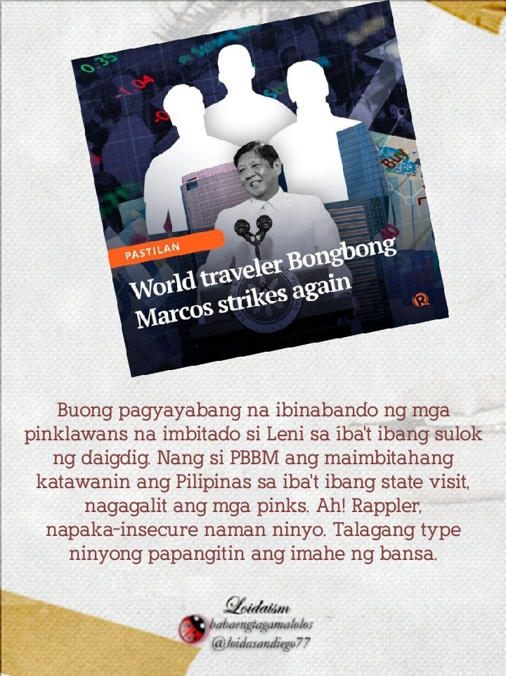 loidasandiego77's tweet photo. Buong pagyayabang na ibinabando ng mga pinklawans na imbitado si Leni sa íba't ibang sulok ng daigdig. Nang si PBBM ang maimbitahang katawanin ang Pilipinas sa iba't ibang state visit, nagagalit ang mga pinks. Ah! Talagang type ninyong papangitin ang imahe ng bansa. https://t.co/bAjZ6CDV9c