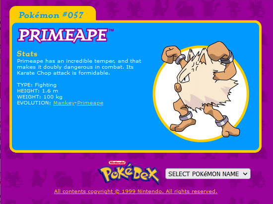 PokemonSpears's tweet image. #Pokédex entries from the official website back in 1999. 

#Pokémon #Mankey #Primeape