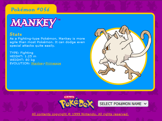 PokemonSpears's tweet image. #Pokédex entries from the official website back in 1999. 

#Pokémon #Mankey #Primeape