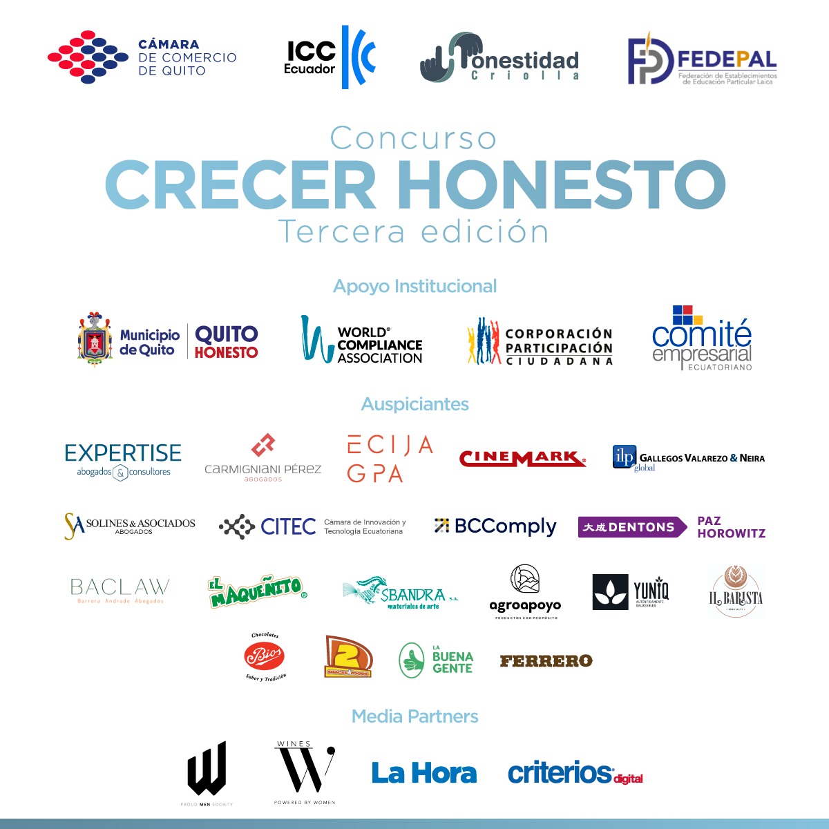 Somos parte de la III Edición del Concurso #CrecerHonesto, organizado por la <a href="/lacamaradequito/">Cámara de Comercio de Quito</a> y <a href="/ICC_Ec/">ICC Ecuador</a>
Estamos muy contentos de apoyar a los más pequeños en el fortalecimiento de la ética y valores en su actuar pues la educación es un pilar esencial para combatir la corrupción.