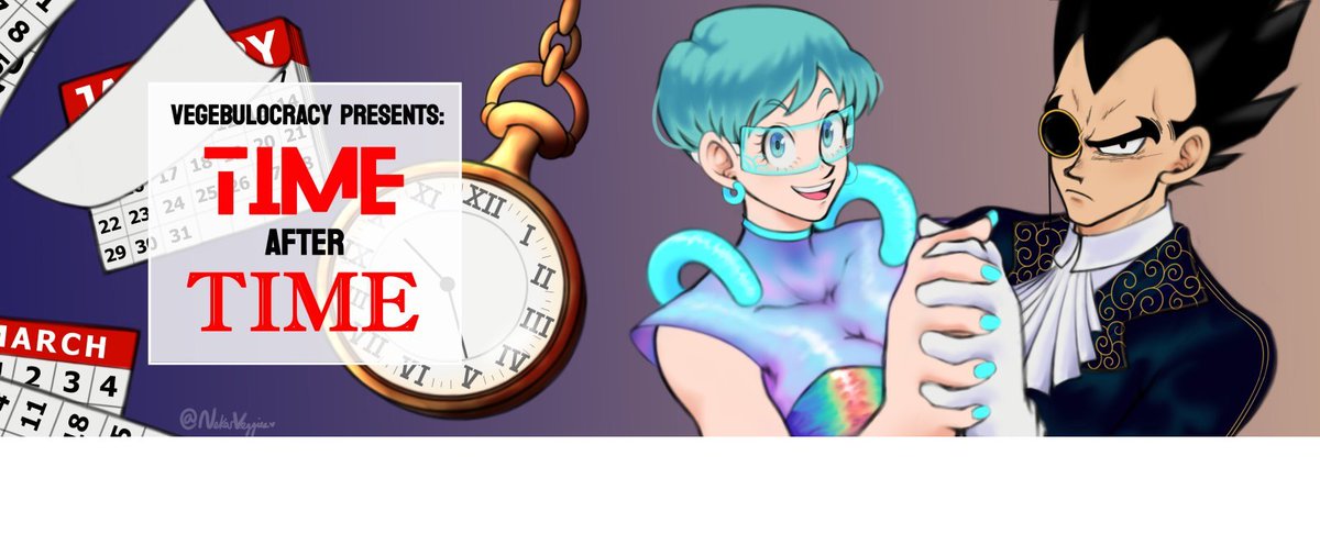 vegebulocracy's tweet photo. VBO is proud to announce:
 
Time After Time 

A new event that gives writers &amp; artists a chance to traverse through the timeline with the OTP, VegetaxBulma.  

Click for event info 👉https://t.co/kUjSZpXJav

(Event art by @NekosVeggies)

RTs appreciated

#VBTimeAfterTime #vegebul https://t.co/YCvgNuncS5