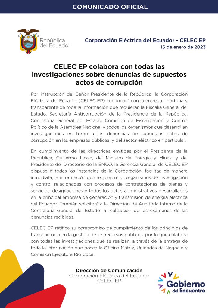 CELECEPOficial's tweet photo. COMUNICADO | @CELECEPOficial facilitará todas las investigaciones relacionadas con los supuestos hechos de corrupción, denunciados en empresas del sector eléctrico. #EnergíaConPropósito https://t.co/86Fjwd8IKW