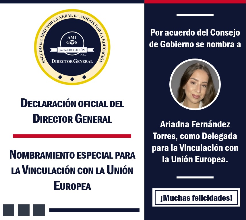 #Entérate | Por acuerdo del Consejo de Gobierno, nuestro Director General <a href="/Axel_RuizGlz/">Axel Ruíz González</a>  nombra a <a href="/Ariadna032/">Ari</a> , actual Consejera de Gobierno en #España 🇪🇦, como la nueva Delegada para la Vinculación con la Unión Europea.
Seguiremos impulsando el crecimiento.
¡Muchas felicidades!