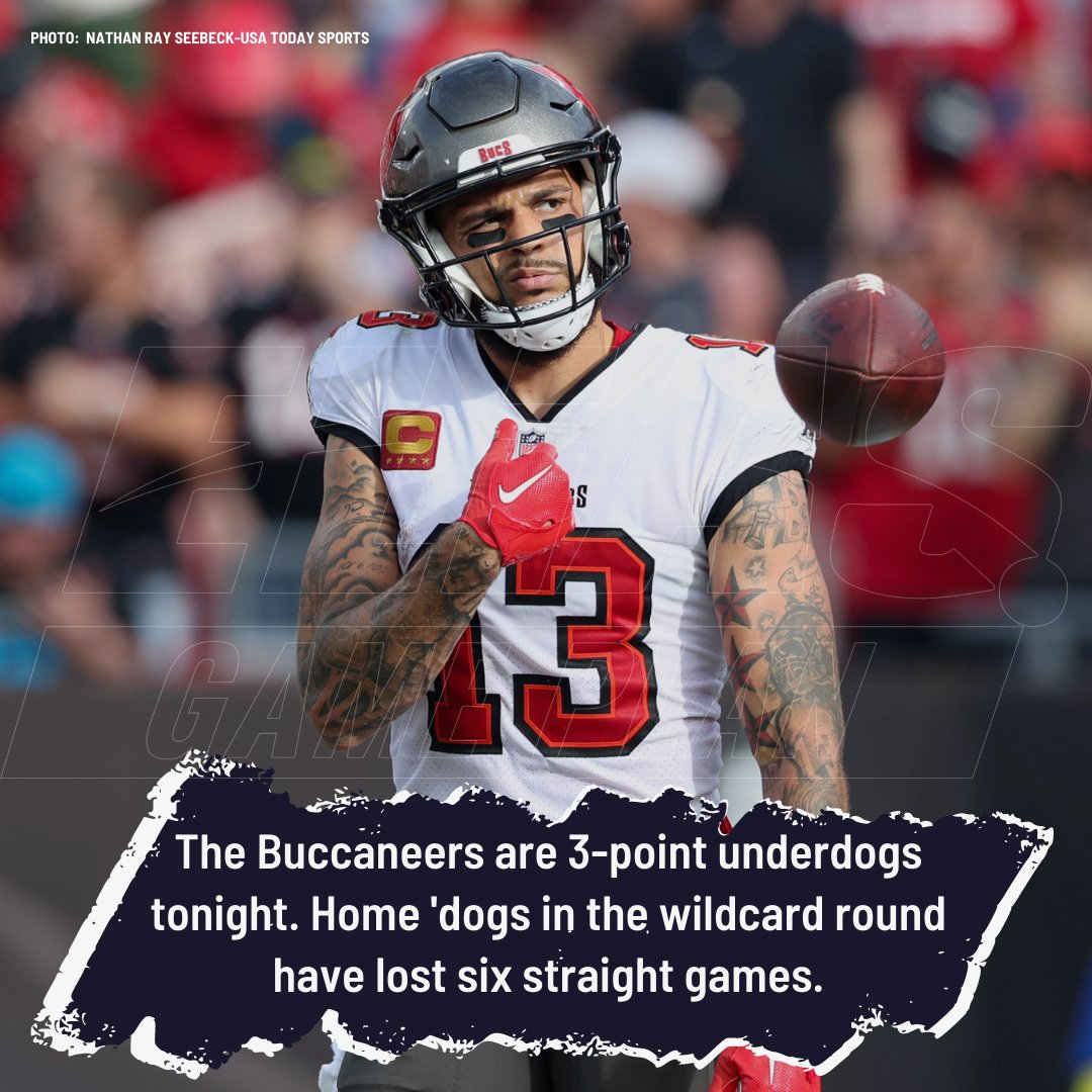 The Buccaneers are 3-point underdogs tonight. Home 'dogs in the wildcard round have lost six straight games, but have gone 3-2-1 against the spread. Over the last 20 years, home underdogs in the wildcard round are 5-13 straight up and 9-8-1 ATS.  Will the Bucs win/cover tonight?
