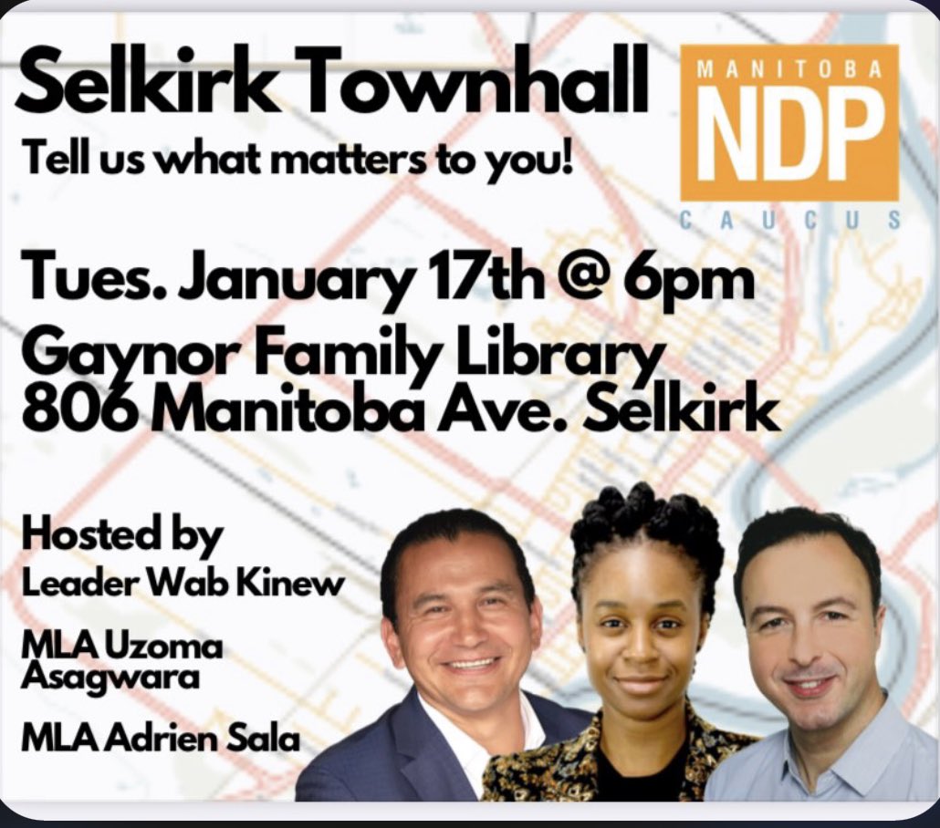 Looking forward to joining <a href="/WabKinew/">Wab Kinew</a> and <a href="/UAsagwara/">Uzoma Asagwara</a> for a policy focused Townhall event tomorrow night in Selkirk. 

This is a great opportunity to come tell us what matters to you! 

The event is open to the public and we would love to see you there. 

More info below ⬇️