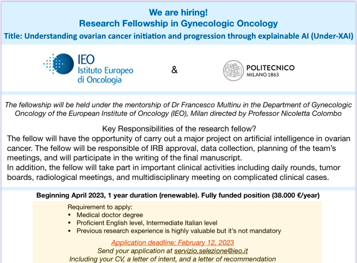 Francesco Multinu (@fmultinu) on Twitter photo We're hiring! We are looking for a motivated young doctor to join our research team! Please RT! <a href="/IEOufficiale/">IEO</a> <a href="/polimi/">Politecnico di Milano</a> <a href="/IGCSociety/">IGCS</a> <a href="/ESGO_society/">ESGO</a> <a href="/ENYGO_official/">European Network of Young Gynae Oncologists</a> <a href="/IJGConline/">IJGC</a> <a href="/IJGCfellows/">IJGC Fellows</a> #AI #ovariancancer We're hiring! We are looking for a motivated young doctor to join our research team! Please RT! <a href="/IEOufficiale/">IEO</a> <a href="/polimi/">Politecnico di Milano</a> <a href="/IGCSociety/">IGCS</a> <a href="/ESGO_society/">ESGO</a> <a href="/ENYGO_official/">European Network of Young Gynae Oncologists</a> <a href="/IJGConline/">IJGC</a> <a href="/IJGCfellows/">IJGC Fellows</a> #AI #ovariancancer