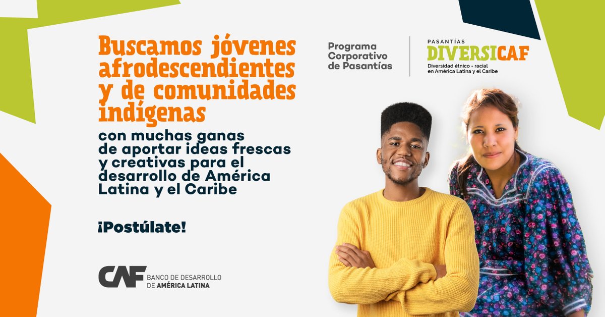 AgendaCAF's tweet photo. 👀 ¿Buscas pasantía? Conoce #DiversiCAF, el nuevo capítulo de nuestro programa de pasantías dirigido a jóvenes afrodescendientes e indígenas que quieran trabajar por el desarrollo de #Latam y el #Caribe.

Descubre más aquí 👉 https://t.co/VG6wfxe08N https://t.co/LqtInthVts