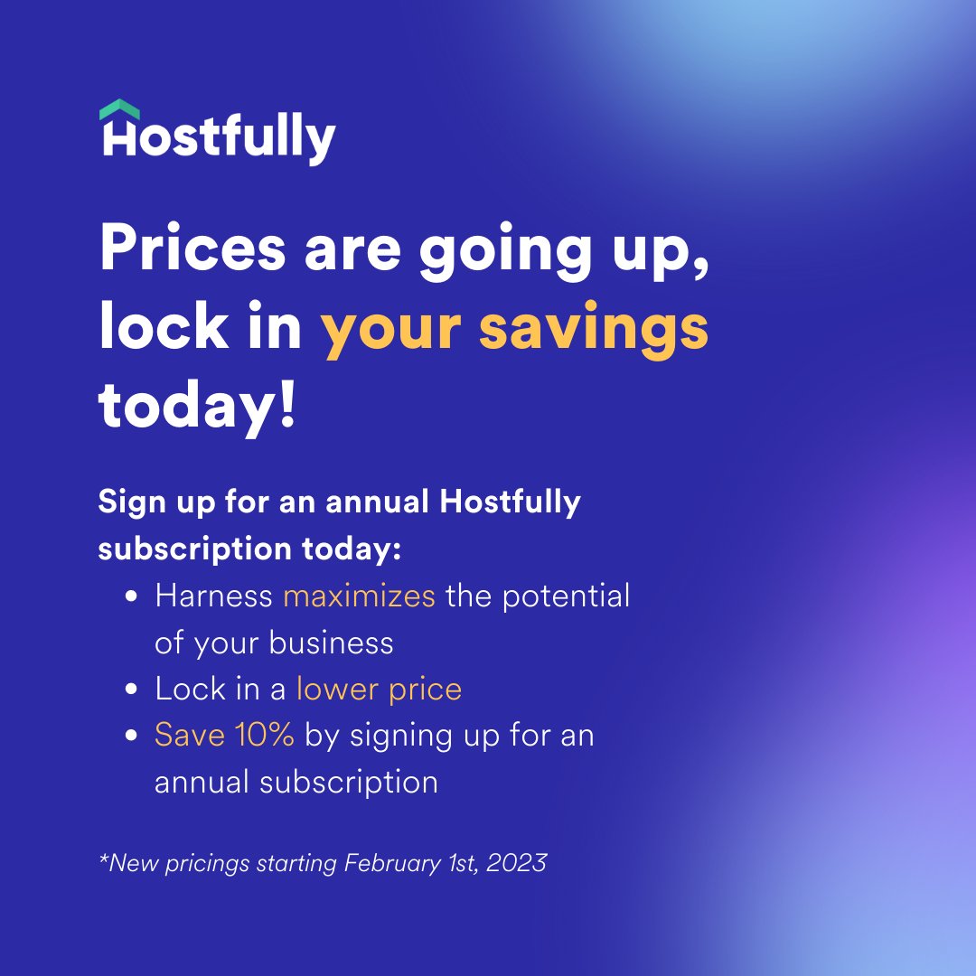 On the fence about signing up for the Hostfully Property Management Platform (PMP)? Our pricing changes will apply to all current and new monthly subscriptions starting February 1st, 2023. 😱Contact our team to  lock in the old price before the changes!
👉 hostfully.com/request-a-demo…