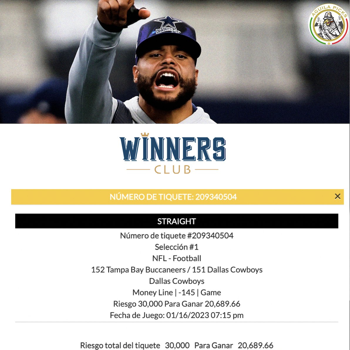 AguilaPicks1's tweet photo. ¡¡FREE PICK!!

Vamos con la jugada del grupo Gold, la vamos a regalar para que vean la confianza que tenemos. Hoy los Vaqueros avanzan a la ronda divisional. 

Si los Cowboys no ganan el partido rifaremos 5,000 MXN entre la gente que le de like y rt a este tweet. 💰🔥 https://t.co/lhneoJIScX