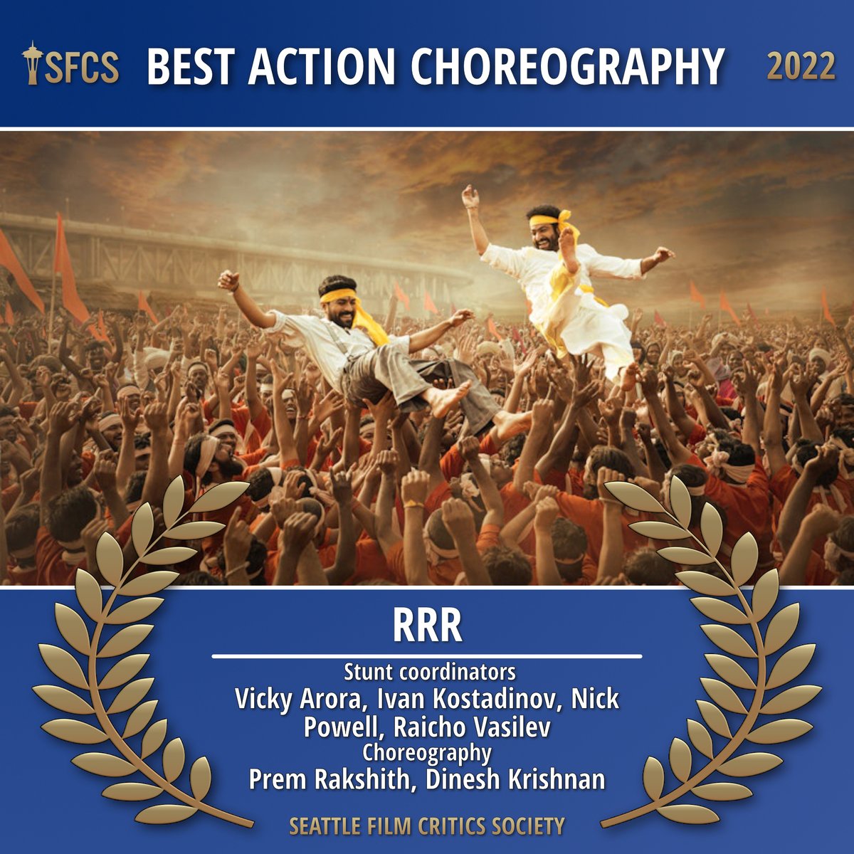 seattlecritics's tweet photo. The @SeattleCritics 2022 award for BEST ACTION CHOREOGRAPHY:

** RRR **

#RRR | @RRRMovie (@netflix) |  @SSRajamouli | @DVVMovies
#SFCS #SFCSAwards2022 #BestActionChoreography https://t.co/GoFf1AWnVf