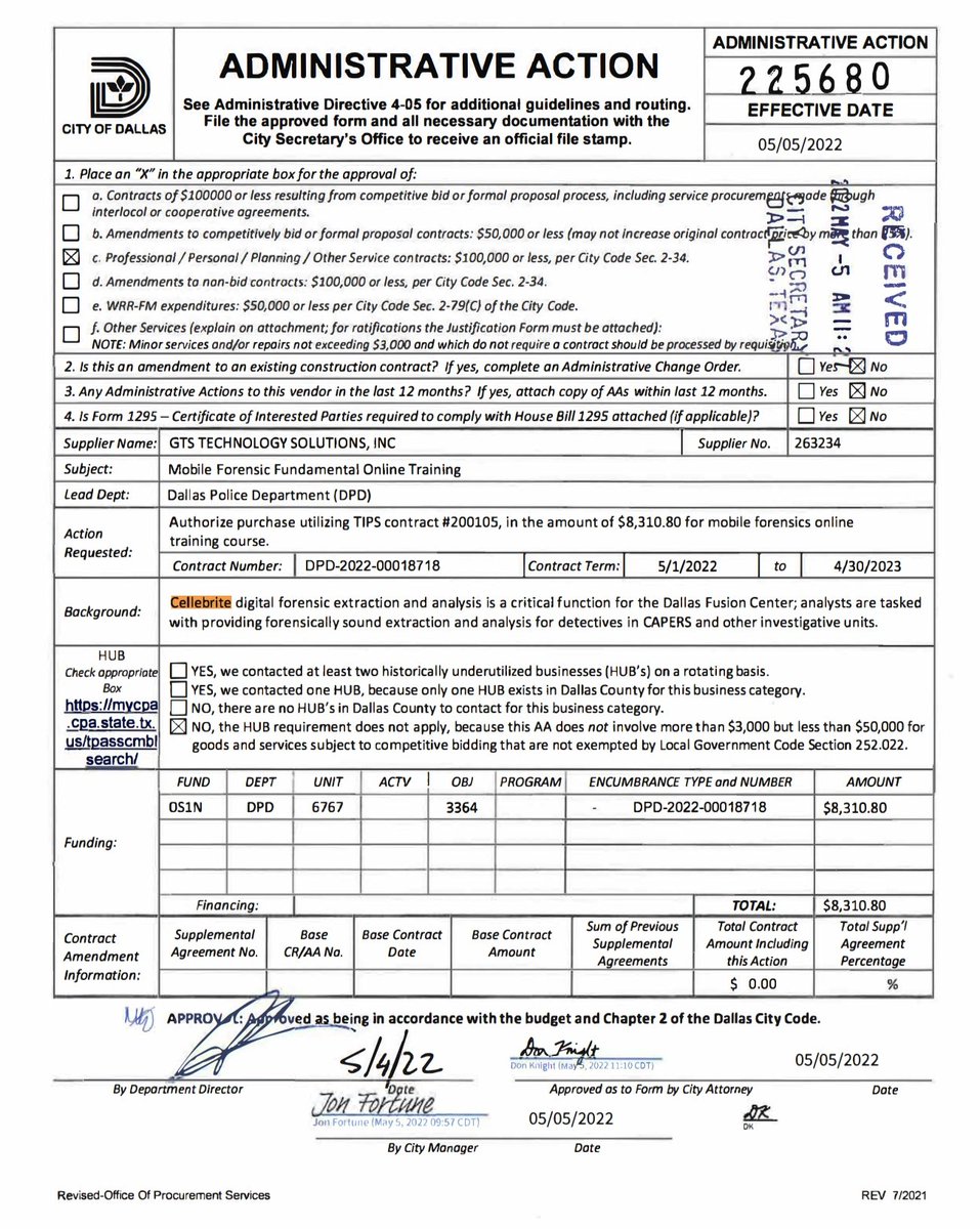 stevanzetti's tweet photo. SCOOPLET: Dallas Police Dept has a contract for training to use Cellebrite, a mobile-phone data extraction technology that helps police break into confiscated phones and has been criticized for being sold to repressive regimes. Uncovered in a public document by @FrancescaDnunz. https://t.co/UzyQH6wJRN
