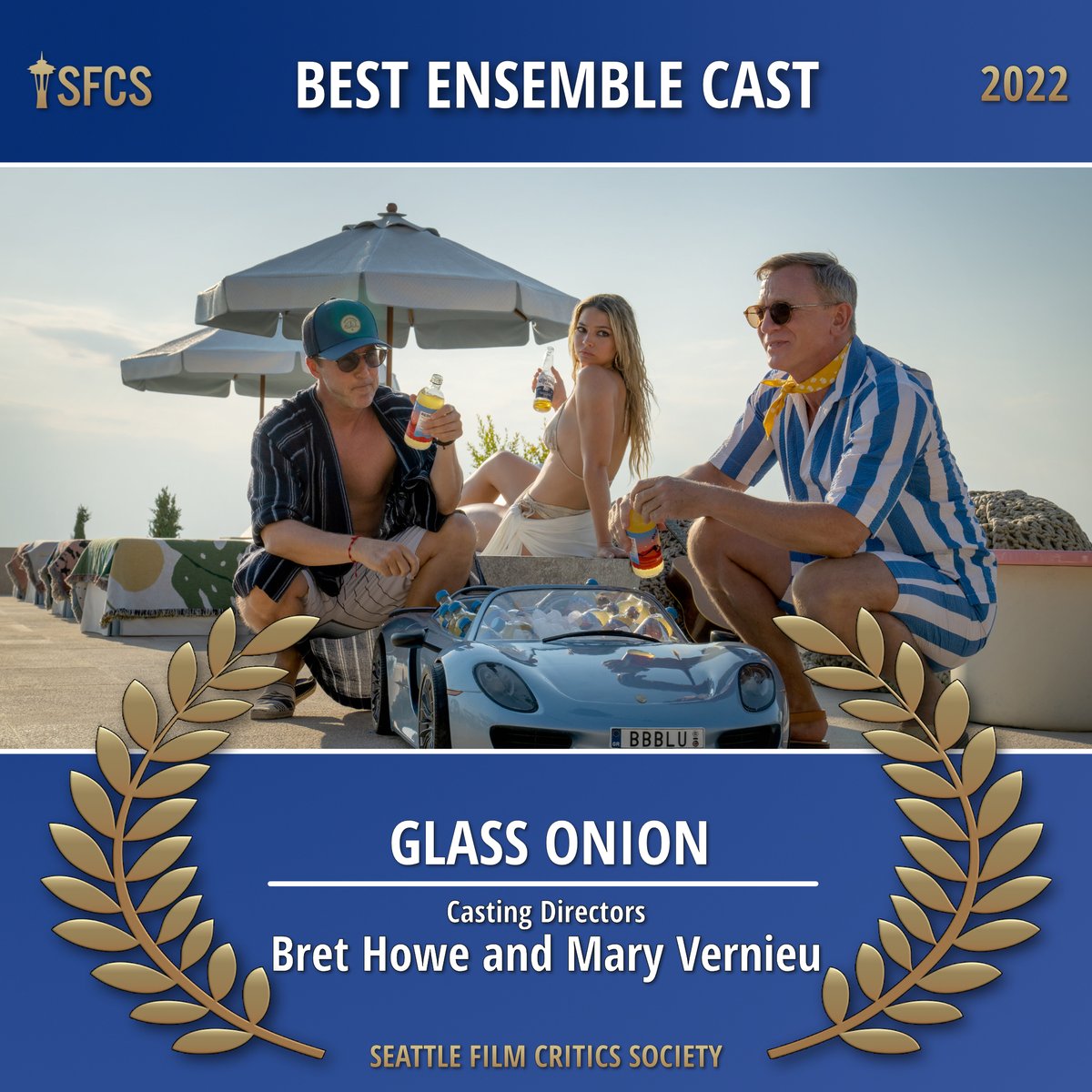 seattlecritics's tweet photo. The @SeattleCritics 2022 award for BEST ENSEMBLE:

** GLASS ONION **
Casting Directors: Bret Howe and Mary Vernieu

#GlassOnion | @knivesout (@netflix) | @rianjohnson.
#SFCS #SFCSAwards2022 #BestEnsemble https://t.co/MLoFIbjrV5