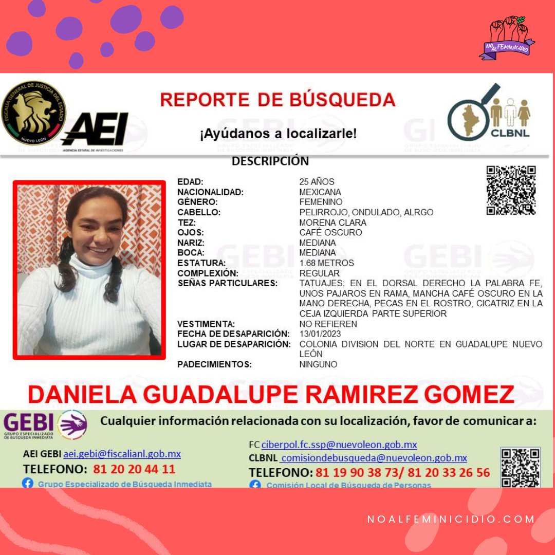 Nofeminicidiomx's tweet photo. Ayúdanos a localizar a Daniela Guadalupe Ramírez Gómez 
#nuevoleon #AEI https://t.co/7qD83OyV64