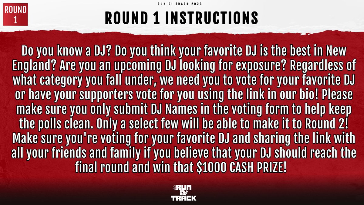 DjDutch_'s tweet photo. RD. 1 Instructions for The Official Run Di Track 2023 Dj Contest 🚨💫🔋

LINK TO VOTE IN BIO 🏆 https://t.co/aFts5utipg