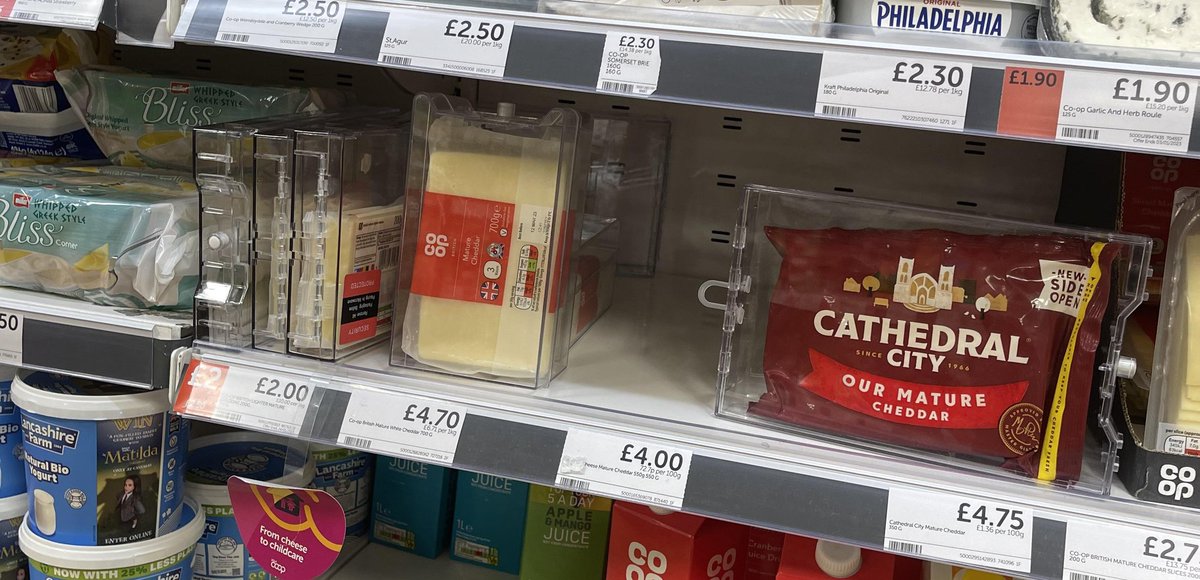 When the cheese is put in security boxes, you have to admit there is a problem. (Not my photo). The current system is not sustainable. It's just a matter of time until the collapse. #CostOfLivingCrisis #CostOfGreedCrisis #EnoughIsEnough #ToryCostOfGreedCrisis