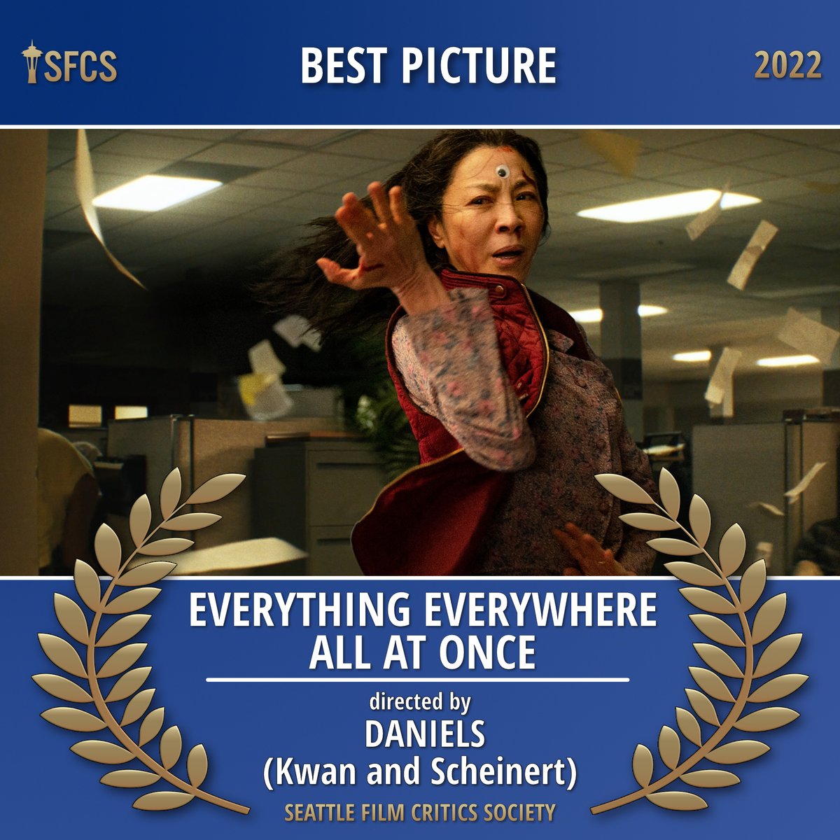 seattlecritics's tweet photo. The @SeattleCritics 2022 award for BEST PICTURE:

** EVERYTHING EVERYWHERE ALL AT ONCE **
directed by DANIELS (Kwan and Scheinert)

@allatoncemovie (@a24) | @daniels | @dunkwun
#SFCS #SFCSAwards2022 #BestPicture https://t.co/RzgsYgOkfG