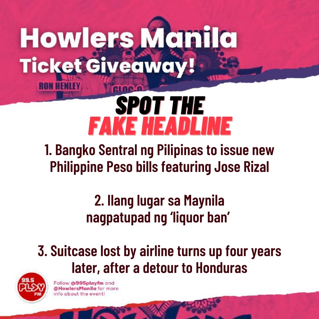 995PlayFM's tweet image. We're giving away 5 VIP tickets to #HowlersManila to 3 winners on #FirstThing995 right now! 👀🚨

Just reply 👇🏽 and tell us which headline is fake news, and don't forget to add your full name!

Listen to @_StanSy live 👉🏽 twitch.tv/995playfm