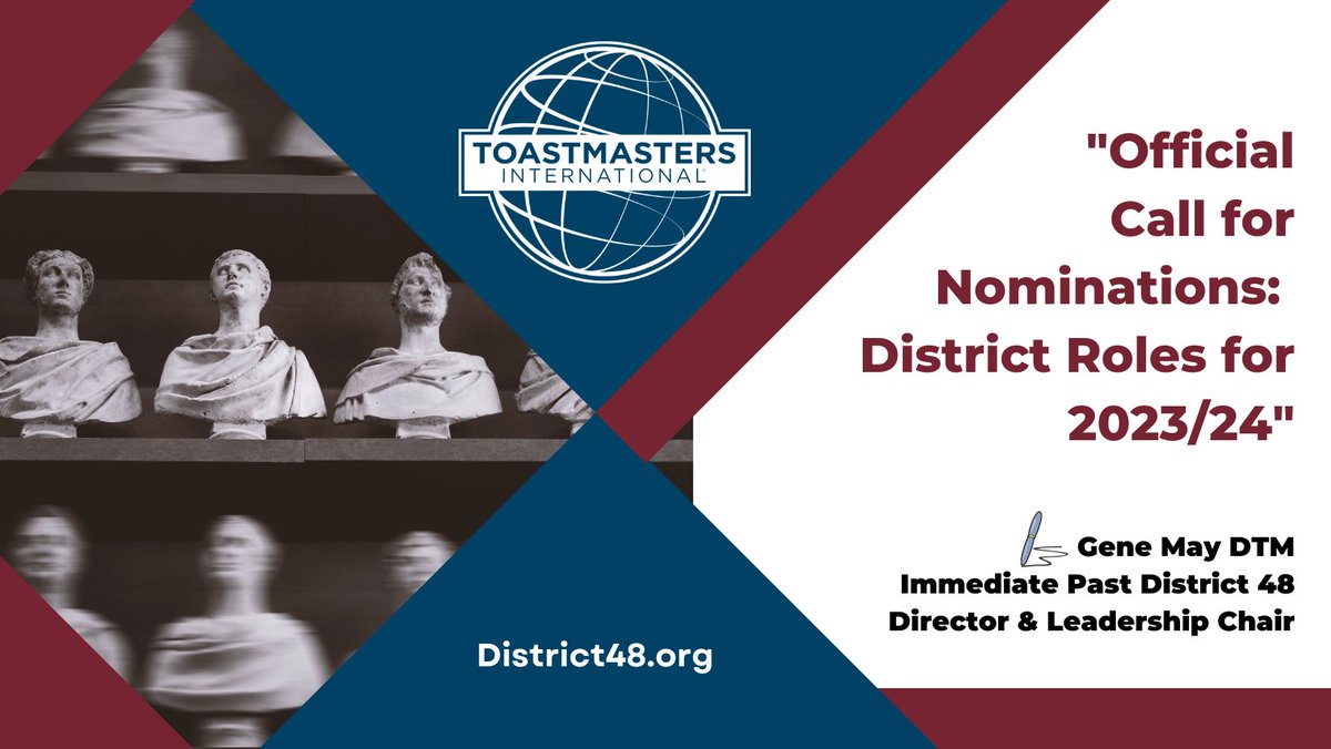 If you are working toward your Distinguished #Toastmaster, serving as a district #leader is a requirement on the road to the #DTM. Join our #team next year! We're looking for leaders for 2023 to 2024: district48.org/12447-2/. Reach out to GMay@District48.org to express interest.