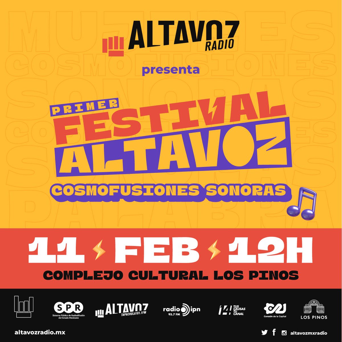 altavozmxradio's tweet photo. ¡Te invitamos a sumar voces!🤘

Festeja la música y la multiculturalidad en el Primer Festival Altavoz. #CosmofusionesSonoras

📍 Complejo Cultural Los Pinos 
📆Sábado 11 de febrero 
⏰12h
📣 #FestivalAltavoz

@CC_LosPinos, @RadioIPNOficial, @Capital21 y @canalcatorcemx invitan https://t.co/LbVLWCVZmi