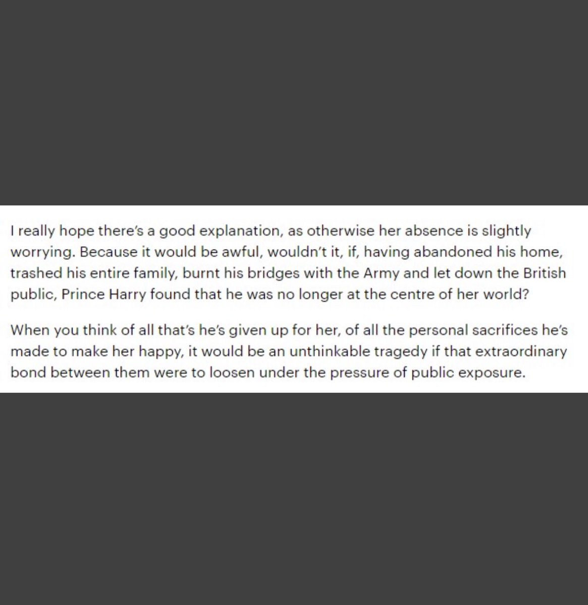 This is a threat. They’ve deliberately tried for six years to break up Prince Harry and Meghan Markle by every means possible. Private bullying didn’t work. Public bullying didn’t work. Pulling security didn’t work. She is still planning for the day that they do. Vile.