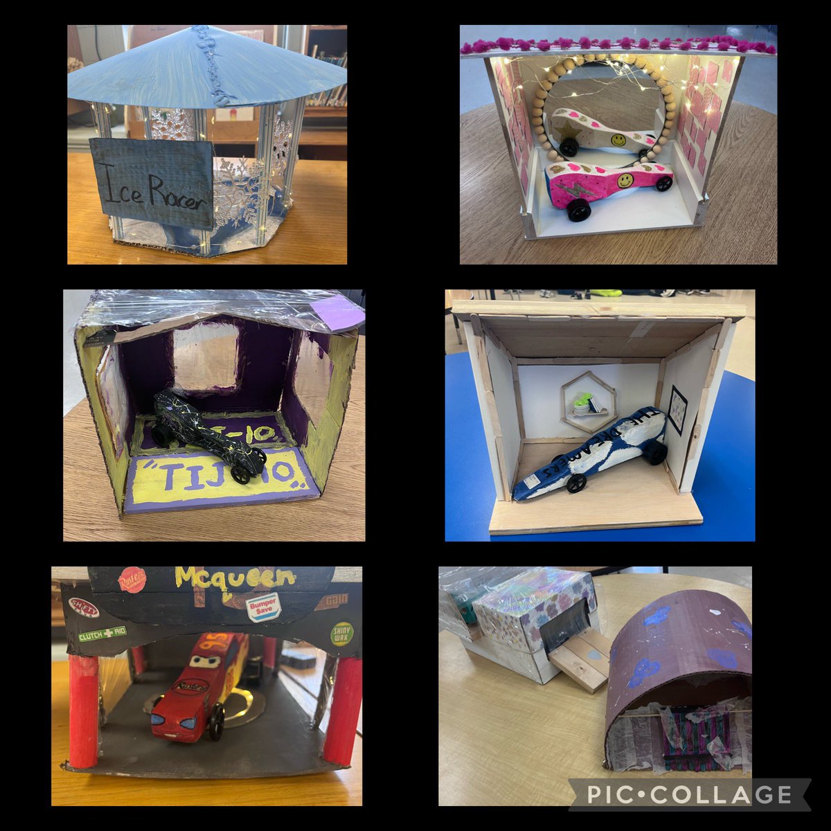 MrsBWigfield's tweet photo. A glimpse of the KPS auto show! Grade 7s had to design a structure that protected a grade 8 dragster from dropping marbles and spraying water, while also looking nice and matching the car’s style. Classes walked through to view today! @KingsvilleCobra https://t.co/zKwoswZtsx