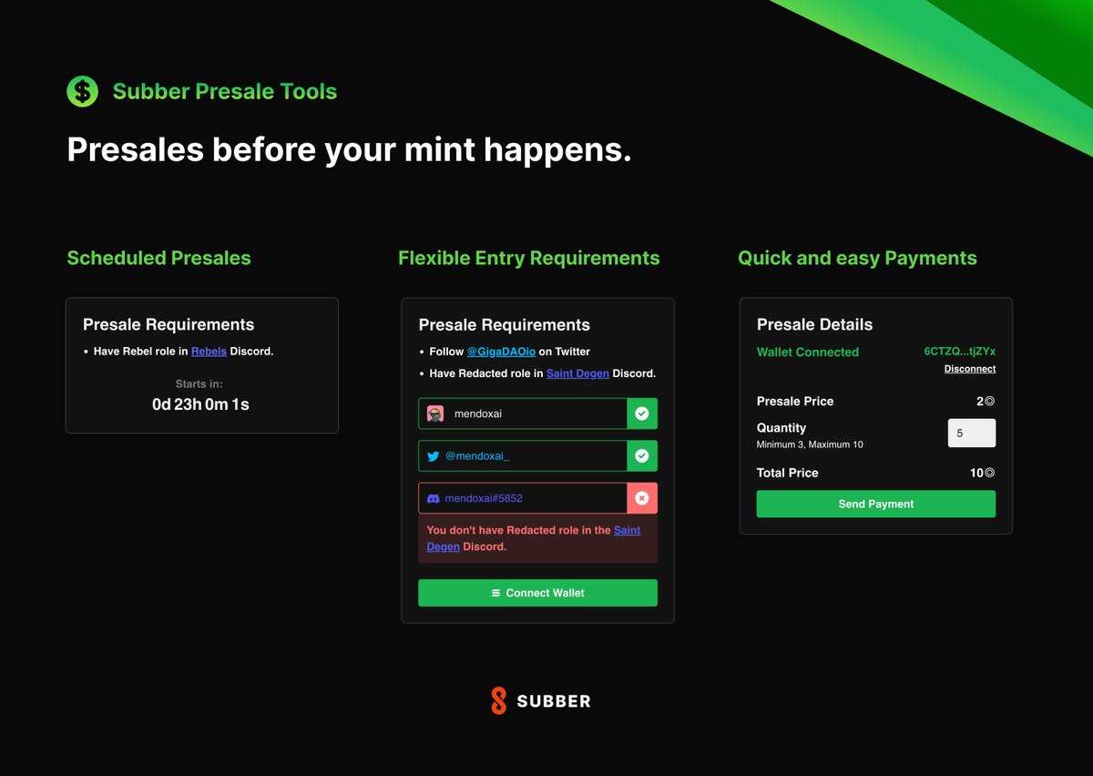 Announcing Subber Presale Tools!

We soft-launched with some projects to make sure it's a great experience.

@DeCallsNFT, @ImmortalsSOL, <a href="/CofRiveriaNFT/">Riveria</a> and now @GigaDAOio have been happily using it and we already processed over 42,397 SOL / $989,969.

Reach out on Discord or DMs!