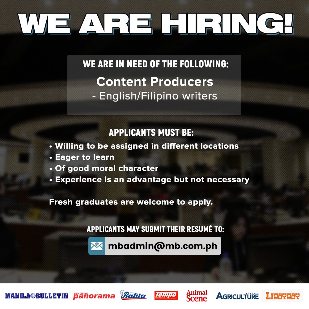 manilabulletin's tweet photo. WE ARE HIRING! 📝

Manila Bulletin is currently welcoming new individuals to be part of MB's 122 years of legacy. Join us now!

Interested applicants may send their CVs to mbadmin@mb.com.ph and may also fill out the online application via this link: https://t.co/l6qQlj84Th https://t.co/t1mQWFRc6e