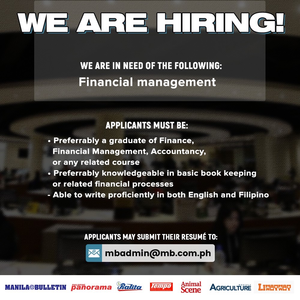 manilabulletin's tweet photo. WE ARE HIRING! 📝

Manila Bulletin is currently welcoming new individuals to be part of MB's 122 years of legacy. Join us now!

Interested applicants may send their CVs to mbadmin@mb.com.ph and may also fill out the online application via this link: https://t.co/l6qQlj84Th https://t.co/t1mQWFRc6e