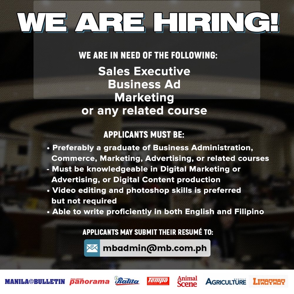 manilabulletin's tweet photo. WE ARE HIRING! 📝

Manila Bulletin is currently welcoming new individuals to be part of MB's 122 years of legacy. Join us now!

Interested applicants may send their CVs to mbadmin@mb.com.ph and may also fill out the online application via this link: https://t.co/l6qQlj84Th https://t.co/t1mQWFRc6e